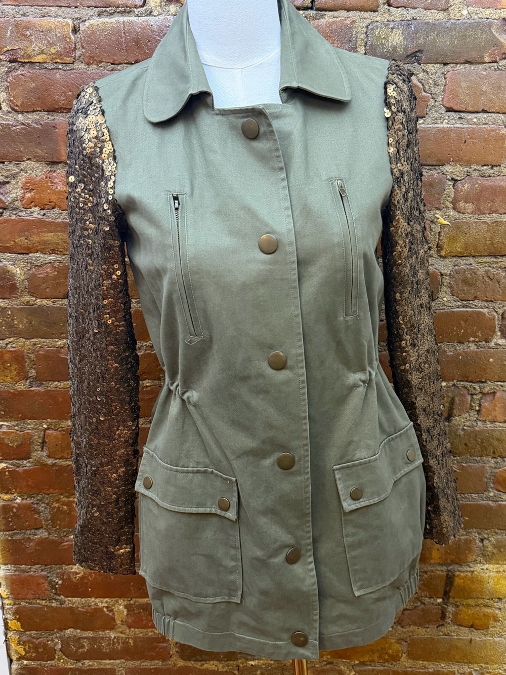 Olive Green Women's Jacket Dress with Sequin Sleeves and Adjustable Waistband